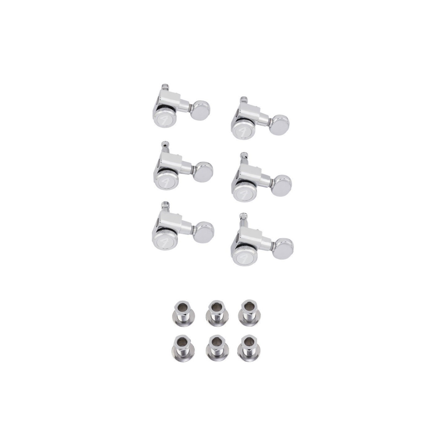 FENDER Staggered Locking Tuners with Vintage-Style Buttons, Polished Chrome (6) - vai con la sigla