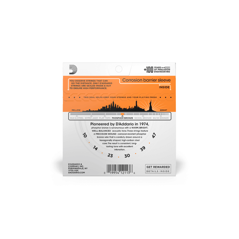 D'Addario EJ15 Phosphor Bronze Acoustic Guitar Strings, Extra Light, 10-47 - vai con la sigla