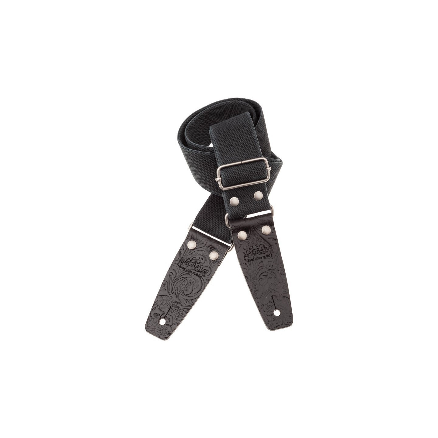 Magrabò Tracolla Stripe SC Entry Olded Nero 5 cm terminali Embossed Flores Nero fibbia Argento Antico - vai con la sigla