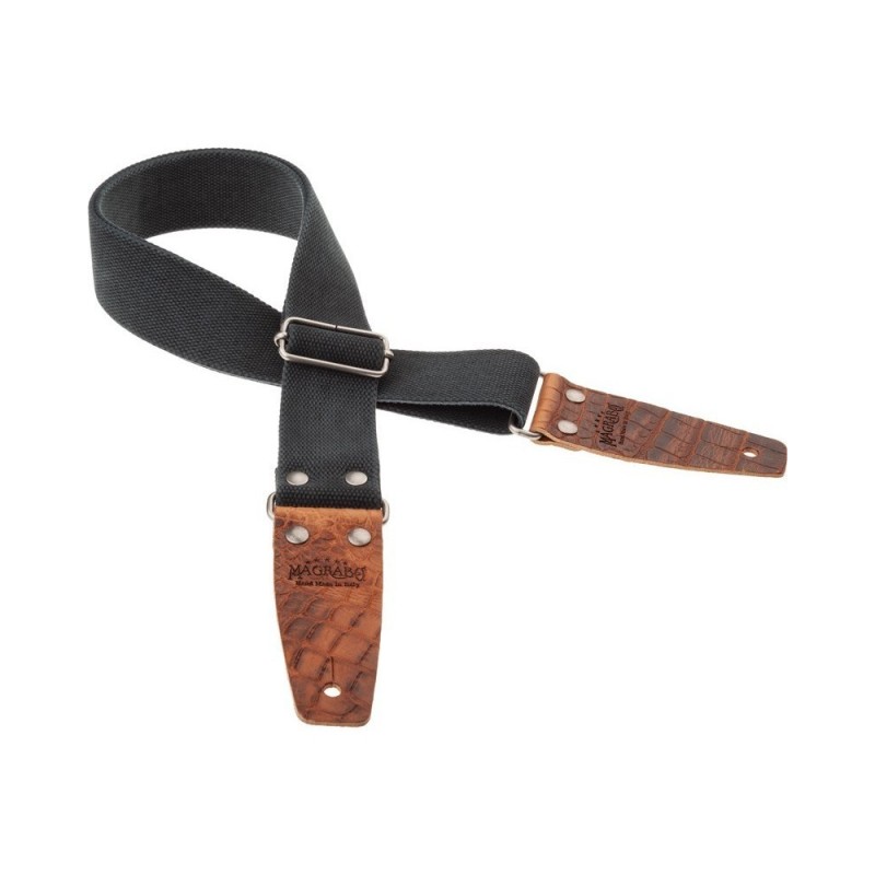Magrabò Tracolla Stripe SC Entry Olded Nero 5 cm terminali Embossed Cocco Pros Marrone fibbia Argento Antico - vai con l