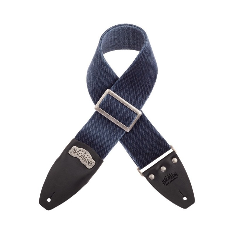 Magrabò Tracolla Stripe SC Cotton Washed Blu 8 cm terminali Core Nero, fibbia Recta Argento - vai con la sigla