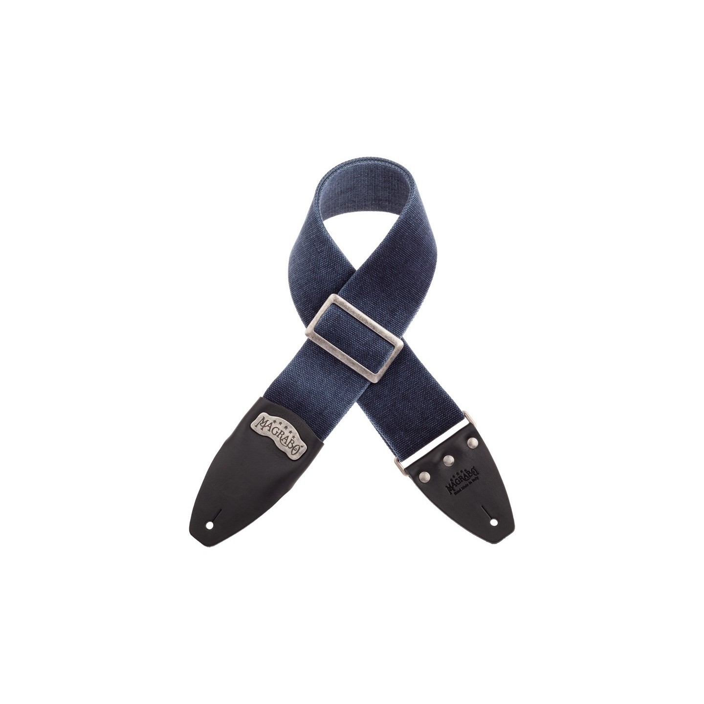 Magrabò Tracolla Stripe SC Cotton Washed Blu 8 cm terminali Core Nero, fibbia Recta Argento - vai con la sigla