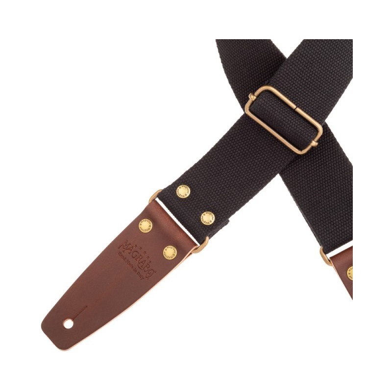 Magrabò Tracolla Stripe SC Entry Nero 5 cm terminali Marrone Scuro fibbia Ottone Antico - vai con la sigla