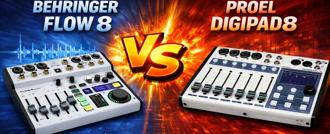 Behringer Flow 8 vs Proel DIGIPAD8: spendere poco di più per avere molto di più.