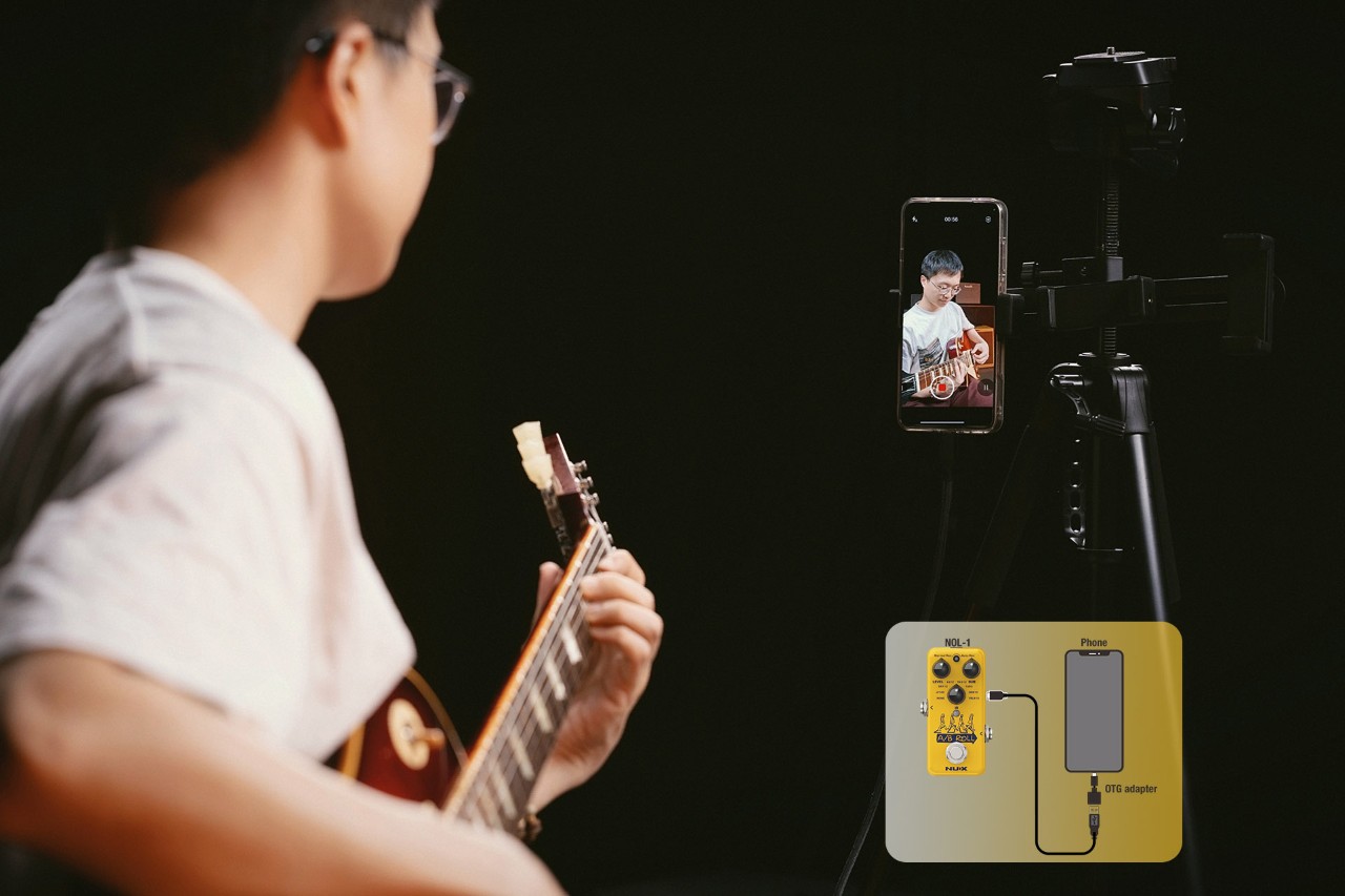 Registrazione video con chitarra tramite NUX A/B Roll e connessione USB OTG allo smartphone