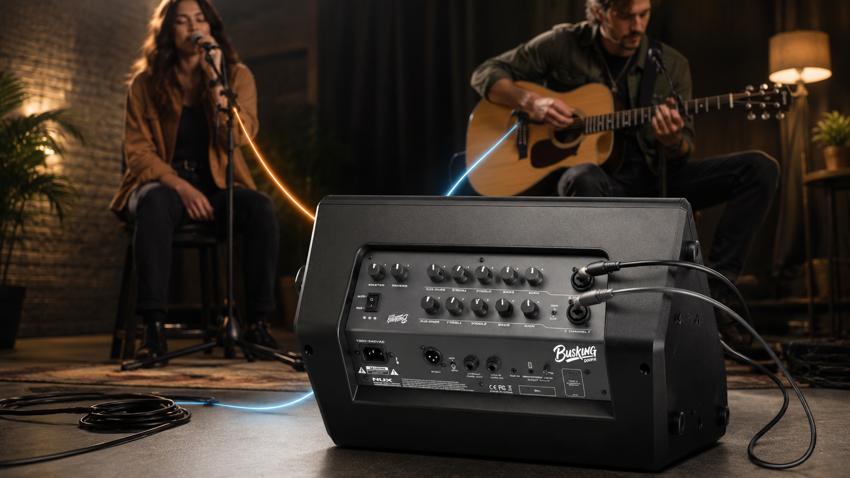 NUX NBA-200FR con due canali indipendenti collegati a microfono e chitarra acustica per un setup live